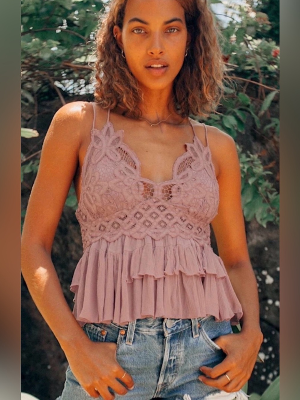 Free People Adella Cami Dusty Mauve Lace Ruffle Tank Top Size Medium